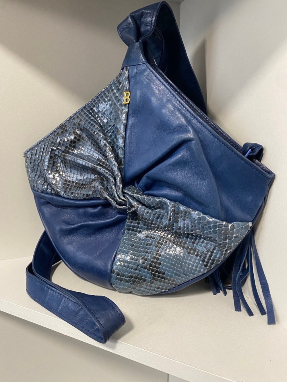 RARE Vintage BALLY Blue Lamb and Snakeskin Fisherman Basket Shape Crossbody Bag